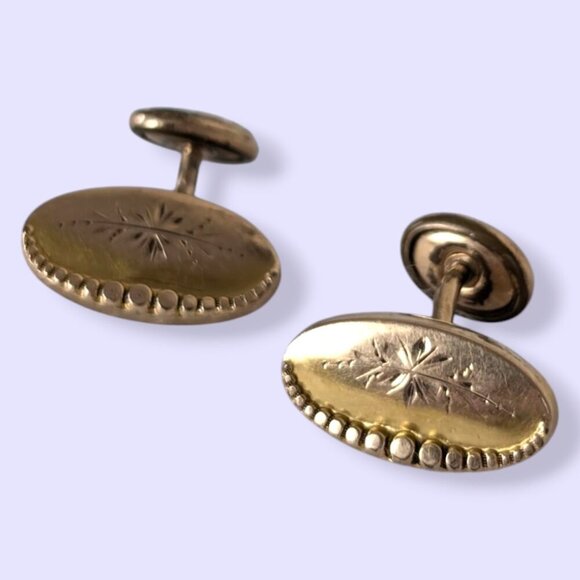 Antique Floral Etched Fixed Bean Back Cufflinks - Picture 2 of 5